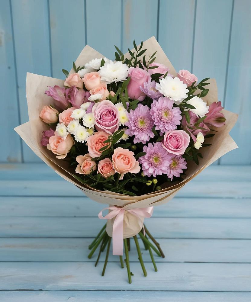 Букет цветов из: Хризантемы, Розы и Альстромерии в Шугарово