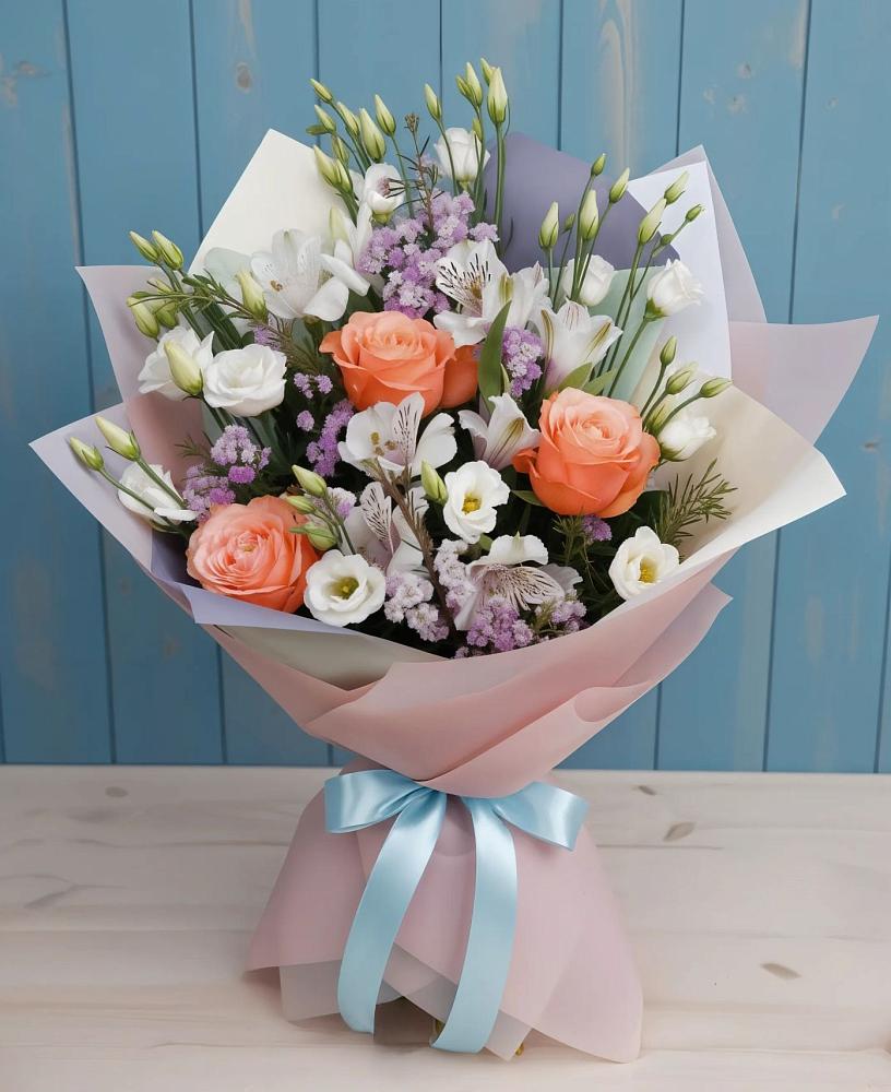 Букет цветов из: Лизиантусы, Розы, Альстромерии и Гипсофила в Шугарово