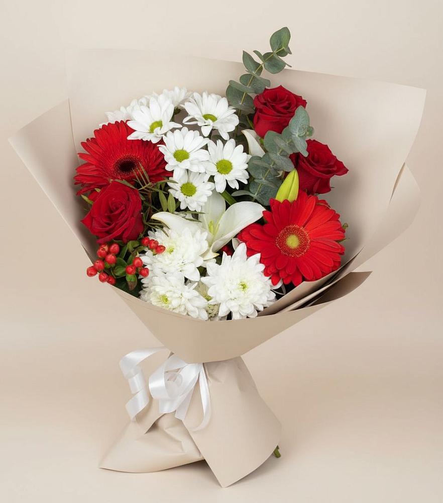 Букет цветов из: Розы, Хризантемы, Герберы и Лилии в Шугарово