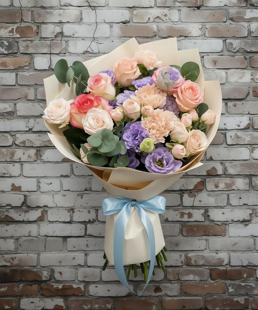 Букет цветов из: Розы, Лизиантусы и Гвоздики в Шугарово