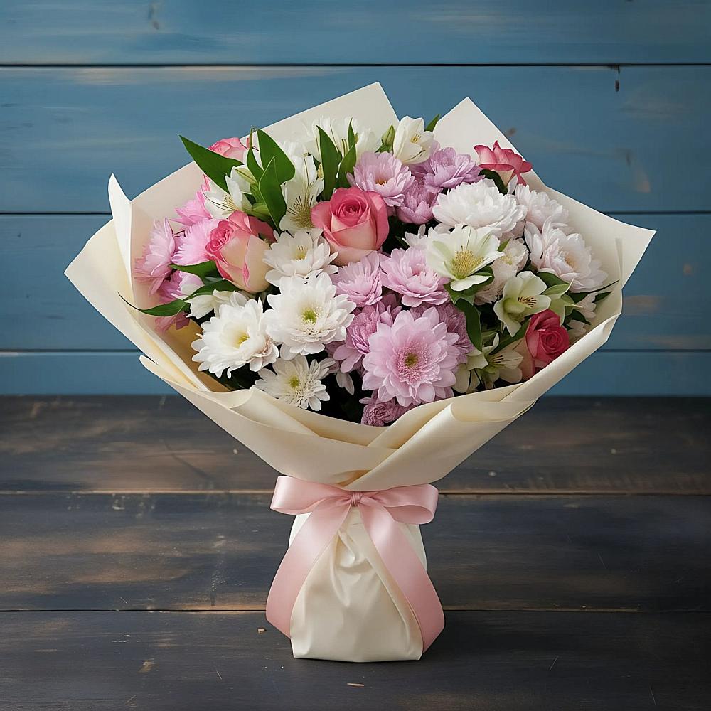 Букет цветов из: Хризантемы, Альстромерии и Розы в Шугарово